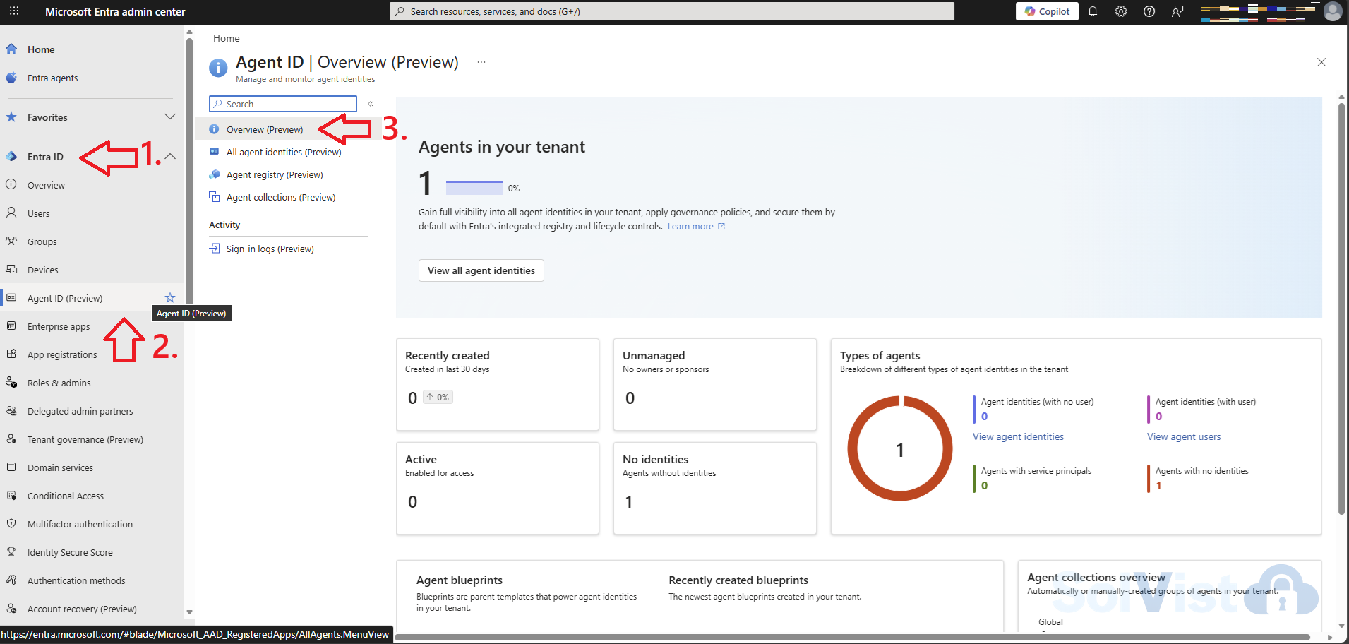 Microsoft Entra Admin Center: Übersicht der Agentidentitäten unter dem Tab Agent-Identitäten